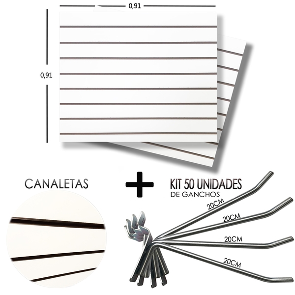 2 Paineis Canaletado - 0,91 X 0,91 + 50 Gancho 20cm + Canalet