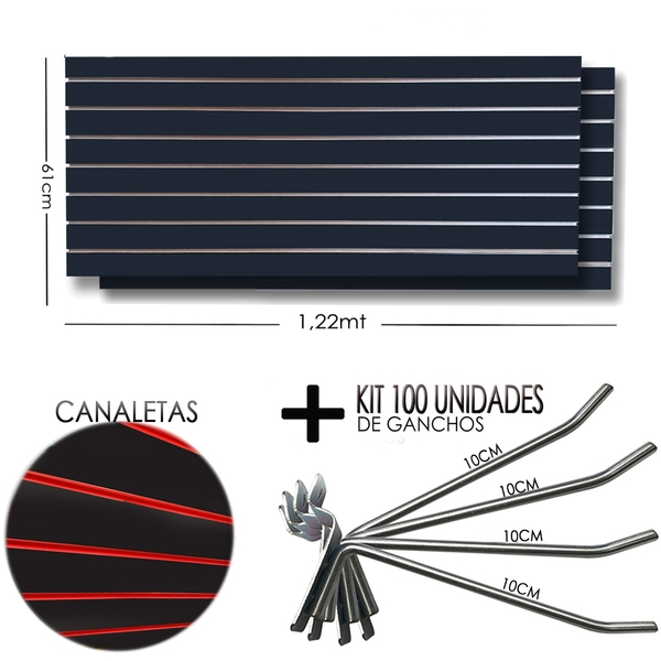 2 Paineis Canaletado - 1,22 X 0,61 + 100 Gancho 10cm + Canale