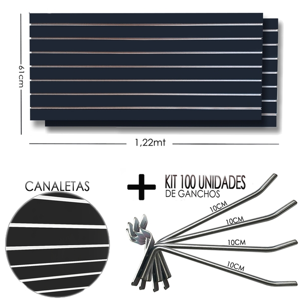2 Paineis Canaletado - 1,22 X 0,61 + 100 Gancho 10cm + Canale