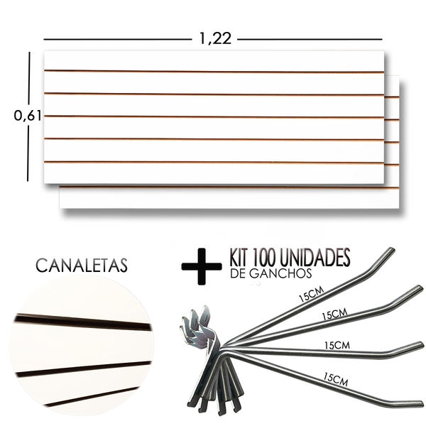 2 Paineis Canaletado - 1,22 X 0,61 + 100 Gancho 15cm + Canale