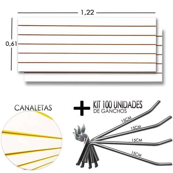 2 Paineis Canaletado - 1,22 X 0,61 + 100 Gancho 15cm + Canale