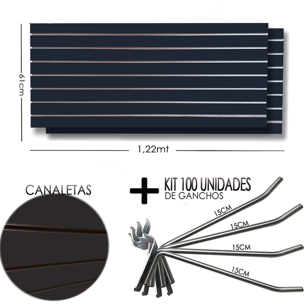 2 Paineis Canaletado - 1,22 X 0,61 + 100 Gancho 15cm + Canale