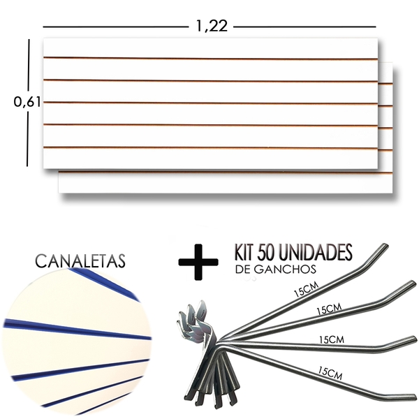 2 Paineis Canaletado - 1,22 X 0,61 + 50 Gancho 15cm + Canalet