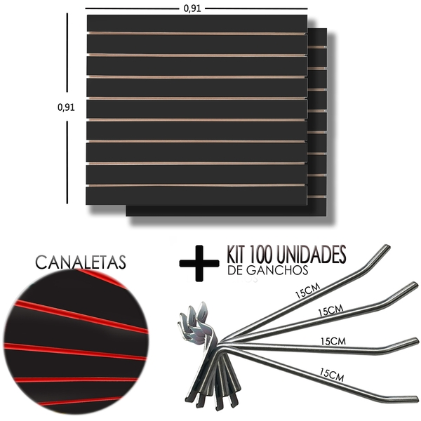 2 Paineis Canaletado Preto - 0,91 X 0,91 + 100 Gancho 15cm +
