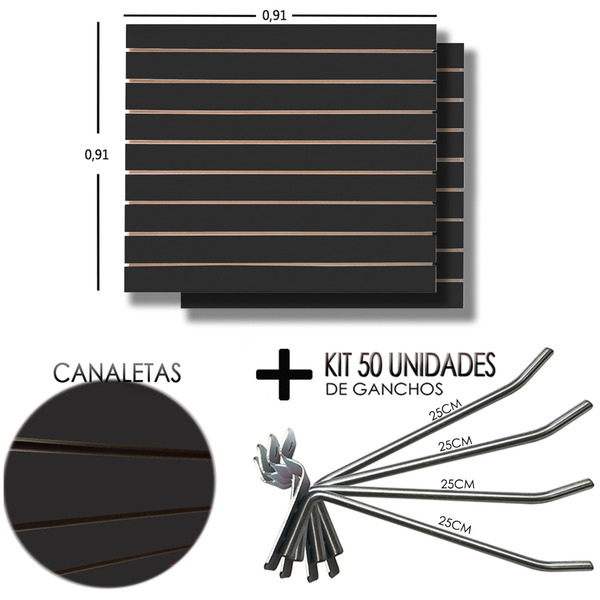 2 Paineis Canaletado Preto - 0,91 X 0,91 + 50 Gancho 25cm + C
