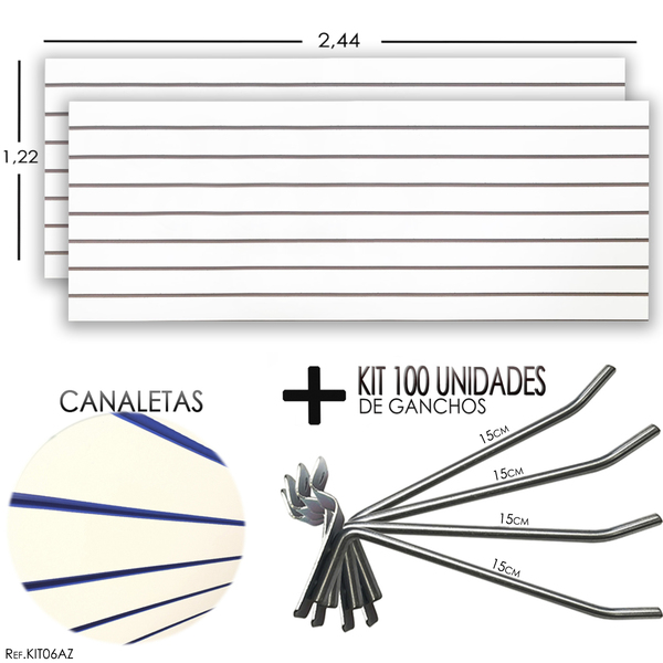2 Paineis Canaletados - 2,44 X 1,22 + 100 Ganchos 15cm + Cana