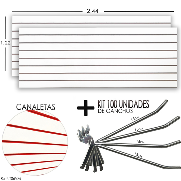 2 Paineis Canaletados - 2,44 X 1,22 + 100 Ganchos 15cm + Cana