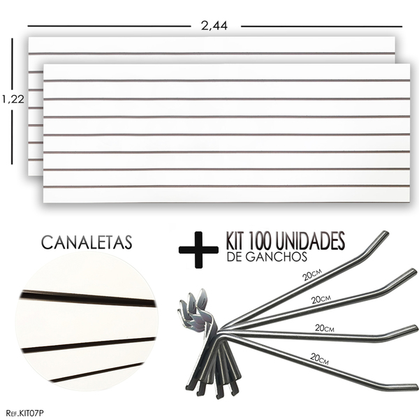 2 Paineis Canaletados - 2,44 X 1,22 + 100 Ganchos 20cm + Cana