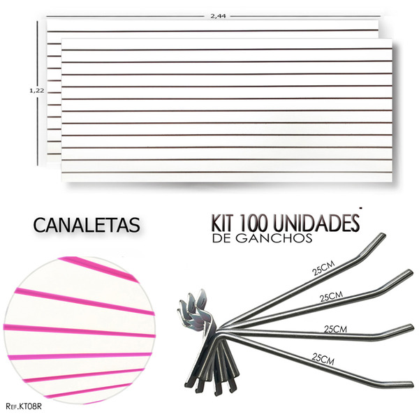 2 Paineis Canaletados - 2,44 X 1,22 + 100 Ganchos 25cm + Cana
