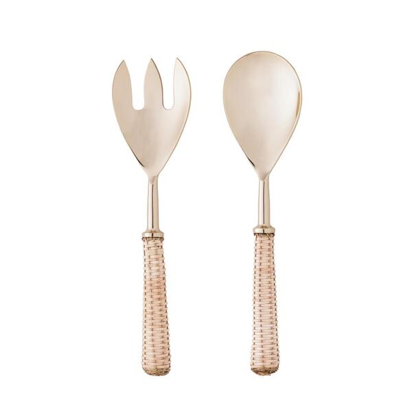 2 Peças Para Salada Wolff Cabo De Rattan Dourado De Aço Inox