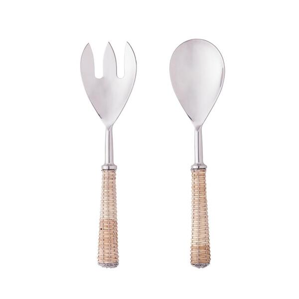 2 Peças Para Salada Wolff Cabo De Rattan Prata De Aço Inox