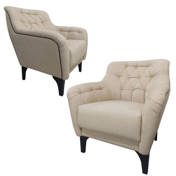2 Poltronas Decorativas Com Tachas E Pés De Madeira Linho Beg