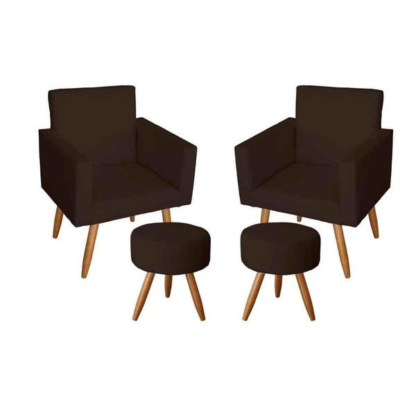 2 Poltronas Sala Estar Escritório Nina E 2 Puffs Sófia Marrom