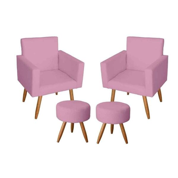2 Poltronas Sala Estar Escritório Nina E 2 Puffs Sófia Rosa B