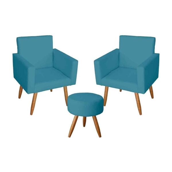 2 Poltronas Sala Estar Escritório Nina E Puff Sófia Turquesa