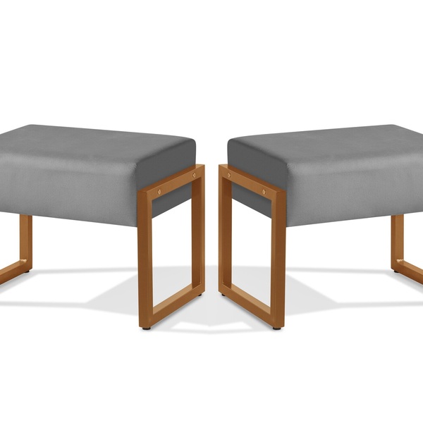 2 Puff Base Ferro Retangular Moderno 2024 Cinza/dourado