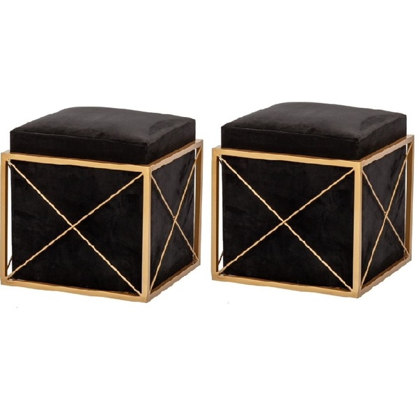 2 Puff De Ferro, Banqueta, Mesa Design Moderno Preto/dourado
