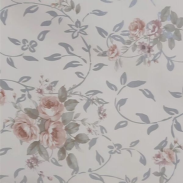 2 Rolos De Papel De Parede Floral Pétalas Prata Fundo Bege
