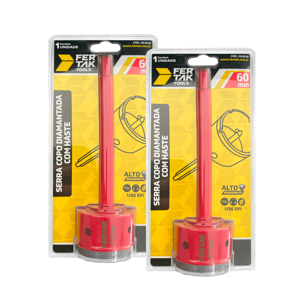 2 Serras Copo Diamantada com Haste 60mm Fertak Perfuração Por