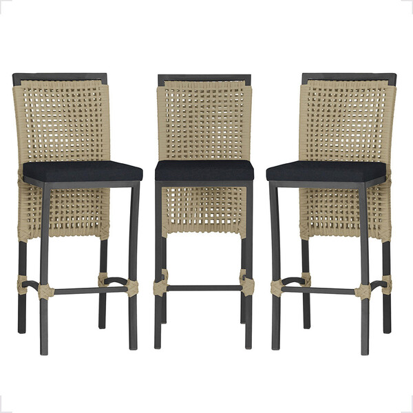 3 Banqueta Em Alumínio Roma Preta Corda Náutica Tecido 12