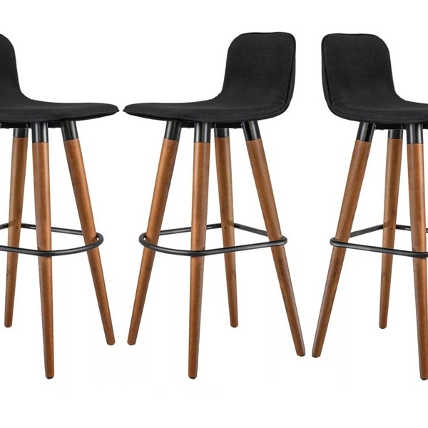 3 Banquetas Alta Com Tecido De Linho Preto E Fixação Em Aço C