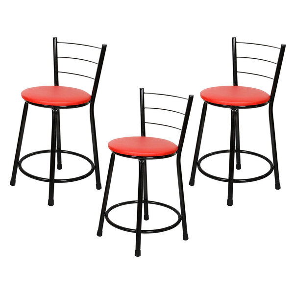 3 Banquetas Baixa Para Cozinha Epoxi Preta Vermelho