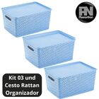 3 Caixas Organizadoras Com Tampa Grande 15 Lts Rattan Azul