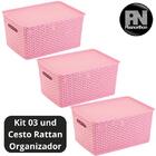 3 Caixas Organizadoras Com Tampa Grande 15 Lts Rattan Rosa