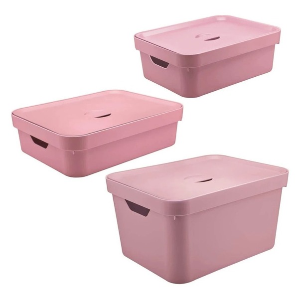 3 Caixas Organizadoras Cube Cesto Com Tampa Ou Martiplast Rosa