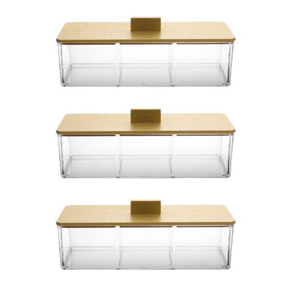 3 Caixas Plásticas Com Tampa De Bambu 3 Divisórias Organizado