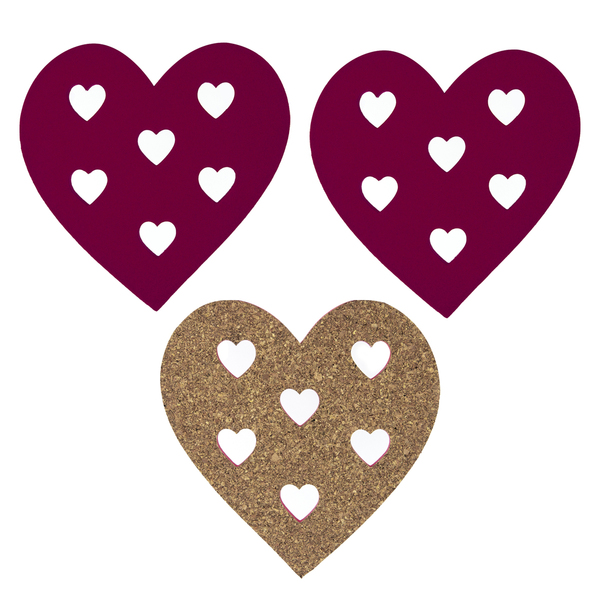 3 Descanso Suporte De Panela Coração Cortiça Vermelho