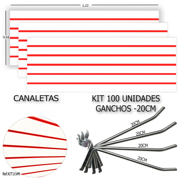 3 Paineis Canaletados - 1,22 X 0,61 + 100 Ganchos 20cm + Cana