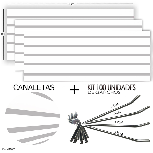 3 Paineis Canaletados -1,22 X 0,61 + 100 Ganchos 15cm + Canal