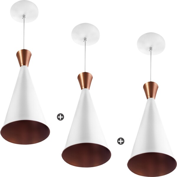3 Pendentes Cone Branco Canadá Sala Cozinha Churrasqueir