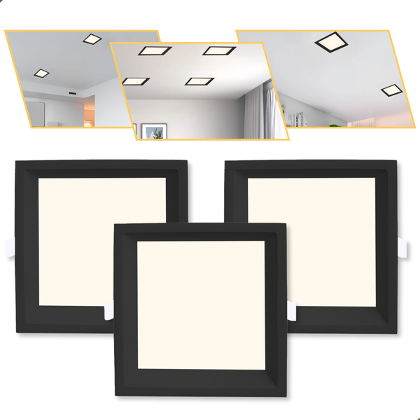 3 Plafon Painel Embutir Teto De Led 24w Quadrado Preto