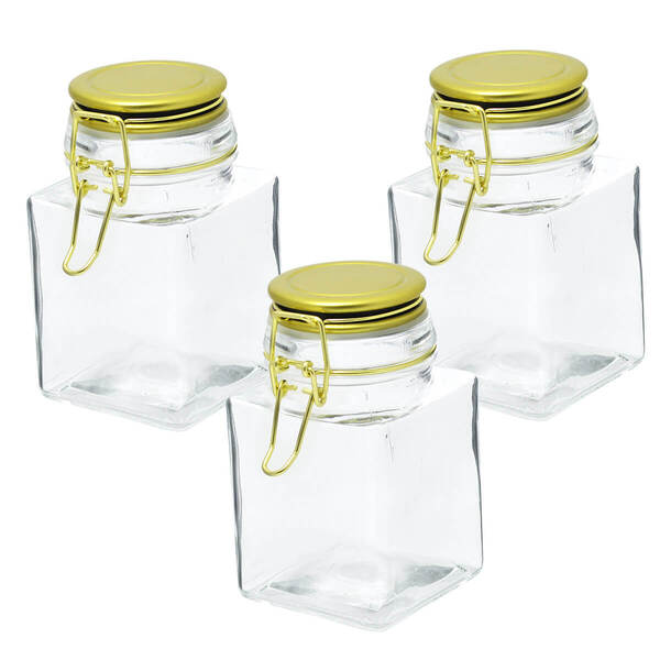3 Potes De Vidro Hermético Quadrado Com Tampa Dourado 350ml
