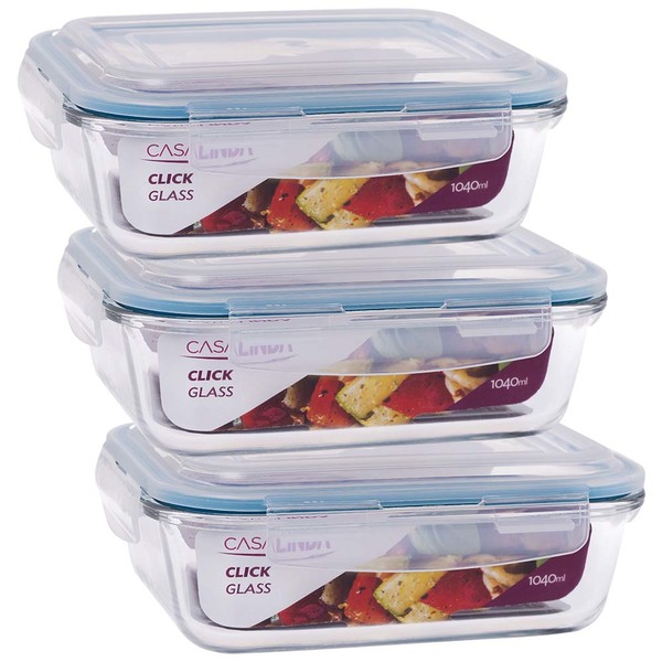 3 Potes Hermético Retangular Vidro Borosilicato Tampa 4 Trava