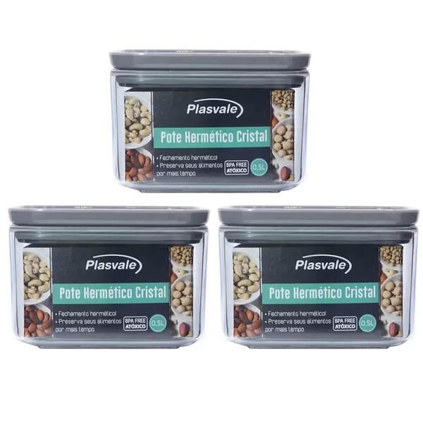 3 Potes Herméticos Plasvale 500ml Cada Cristal Quadrado Para