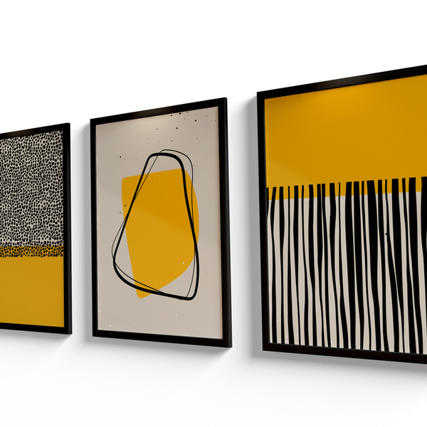 3 Quadros Decorativos Com Moldura Premium 60x40 Amarelo Minim