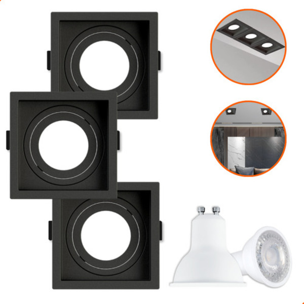 3 Spot Embutir Recuado Quadrado + 3 Lâmpada 5w Gu10 Branco Fr