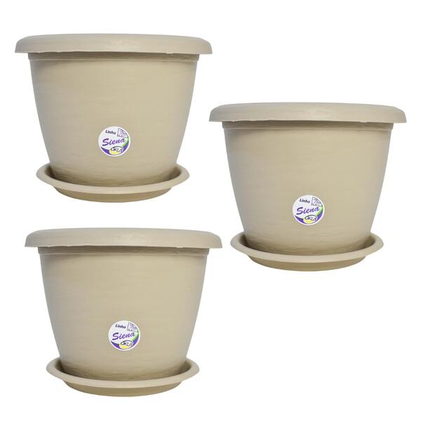 3 Vasos Siena Redondo 20cm Com Pratos Para Flores E Plantas