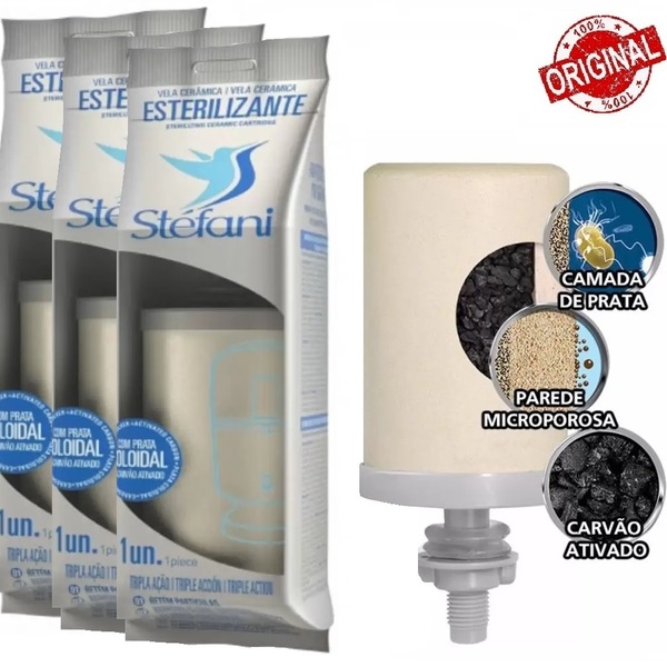 3 - Velas Tripla Ação + Prata Coloidal Filtro Barro Stéfani