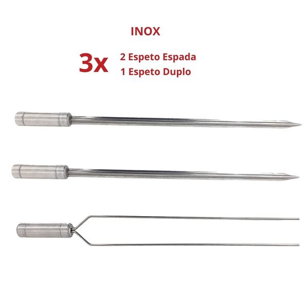 3x Espetos Para Churrasco Inox Espada E Duplo Lâmina 50cm