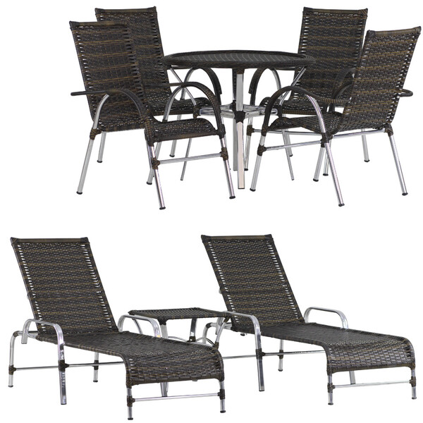 4 Cadeiras E Mesa Tampo Tramado, 2 Espreguiçadeiras E Mesa Em