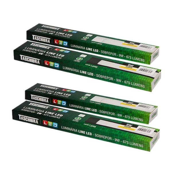 4 Luminárias Led Sobrepor Line 9w 30cm 6500k Taschibra