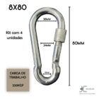4 Mosquetão De Aço Galvanizado C/ Trava Rosca 8x80mm 230kg