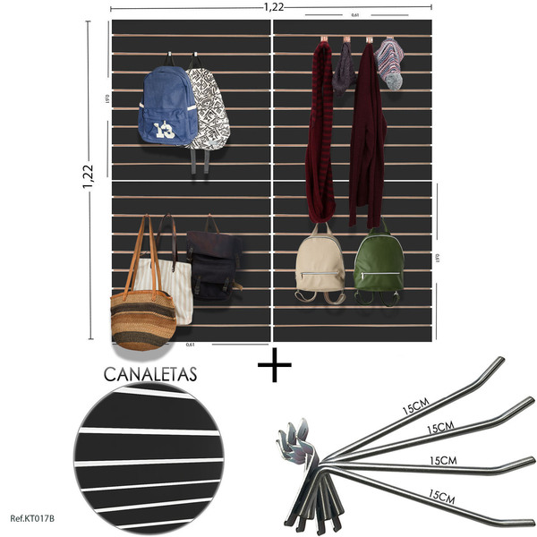 4 Paineis Canaletados - 0,61 X 0,61 + 100 Ganchos 15cm + Cana