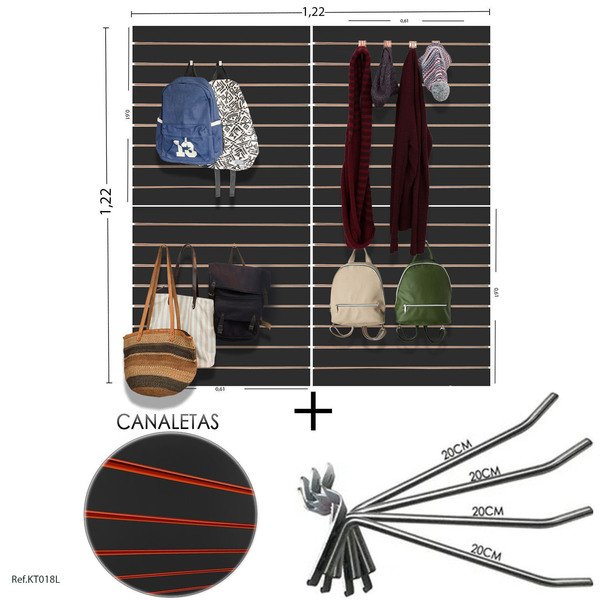4 Paineis Canaletados - 0,61 X 0,61 + 100 Ganchos 20cm + Cana