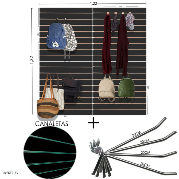 4 Paineis Canaletados - 0,61 X 0,61 + 100 Ganchos 20cm + Cana