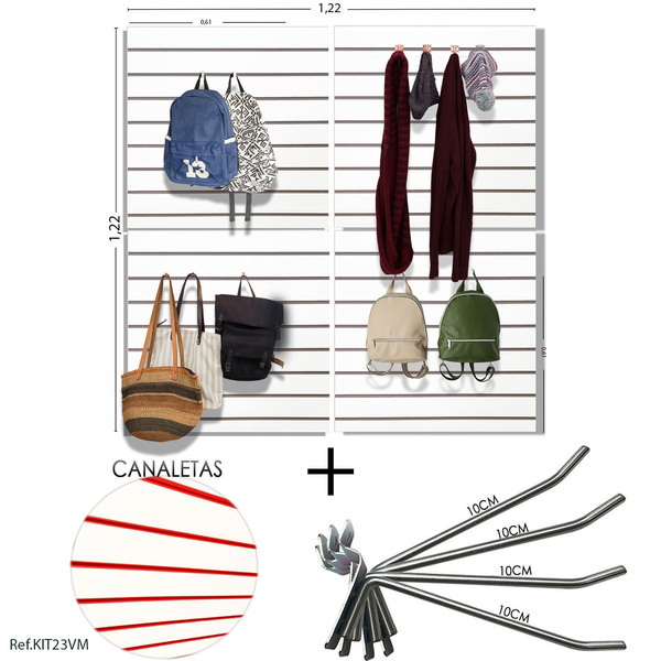 4 Paineis Canaletados - 0,61 X 0,61 + 50 Ganchos 10cm + Canal